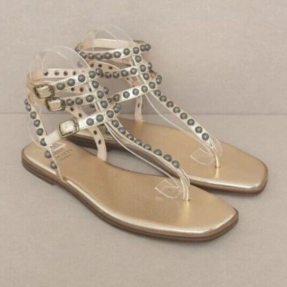 Oasis Society Gladiator Sandals Womens 8 Gold Studded Boho Festival Edgy Strappy